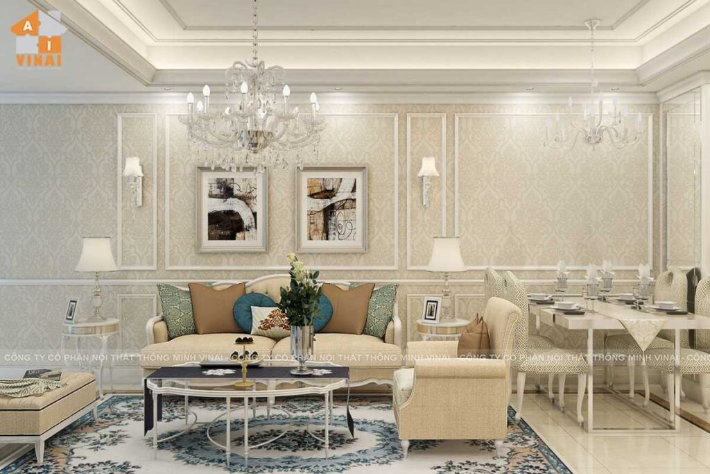 Nội thất tân cổ điển phòng khách chung cư times city