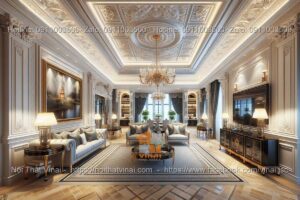 Mẫu thiết kế nội thất phòng khách biệt thự với gam màu trung tính 2