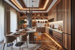 Mẫu thiết kế phòng bếp gỗ óc chó hiện đại 2
