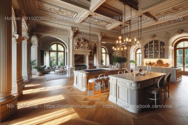 Mẫu thiết kế phòng bếp biệt thự tân cổ điển với chất liệu gỗ tự nhiên 11