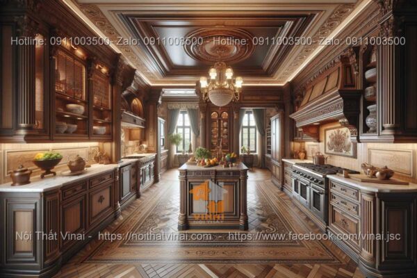 Mẫu thiết kế phòng bếp biệt thự tân cổ điển với chất liệu gỗ tự nhiên 8