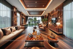 Mẫu thiết kế phòng khách biệt thự gỗ óc chó 3
