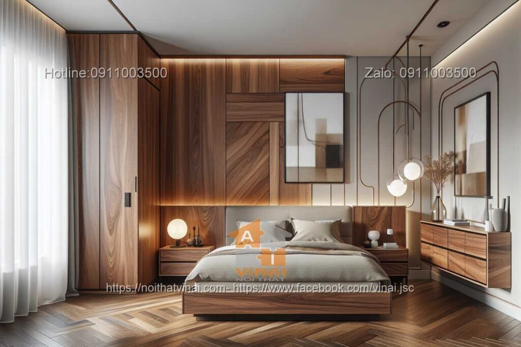 Mẫu thiết kế phòng ngủ biệt thự gỗ óc chó 17