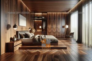 Mẫu thiết kế phòng ngủ biệt thự gỗ óc chó 9
