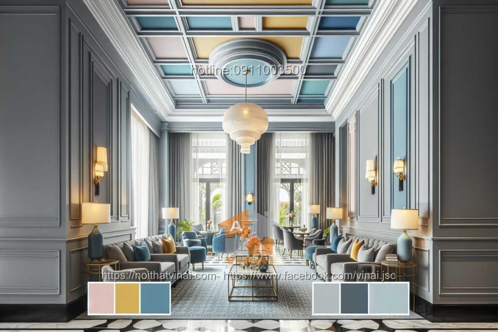 Nội thất khách sạn kết hợp màu hồng, màu vàng và màu xanh dương