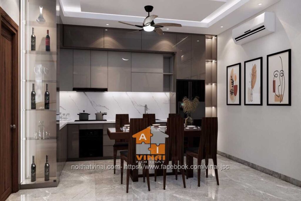 Nội thất phòng bếp nhà phố phường Liên Bảo- Vĩnh Yên-tủ bếp inox cánh kính-2