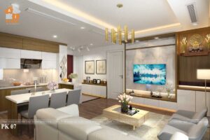 Nội thất phòng khách- bếp chung cư Imperia Garden căn góc 2 ngủ