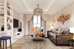 Nội thất phòng khách tân cổ điển nhà phố 6x10m-1