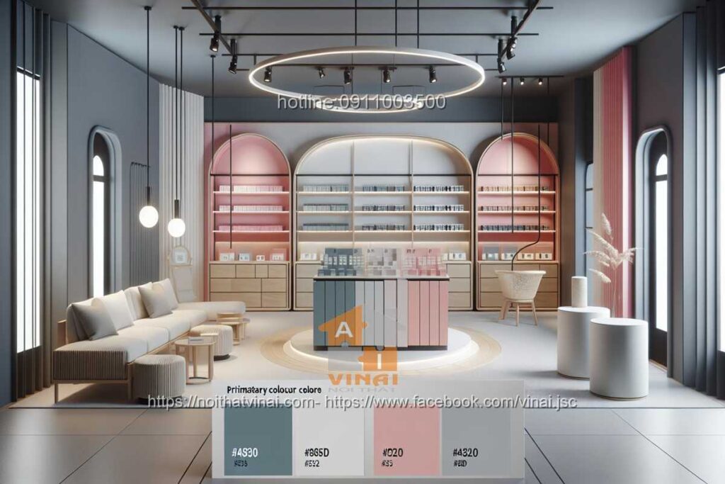Nội thất showroom kết hợp màu trắng, màu hồng và màu xám