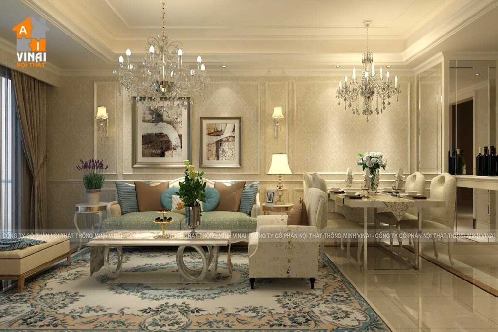 Nội thất tân cổ điển phòng khách bếp chung cư Việt Đức- Complex-39 Lê Văn Lương-1
