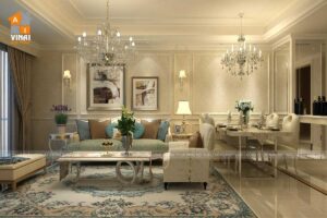 Nội thất tân cổ điển phòng khách bếp chung cư Việt Đức- Complex-39 Lê Văn Lương-1