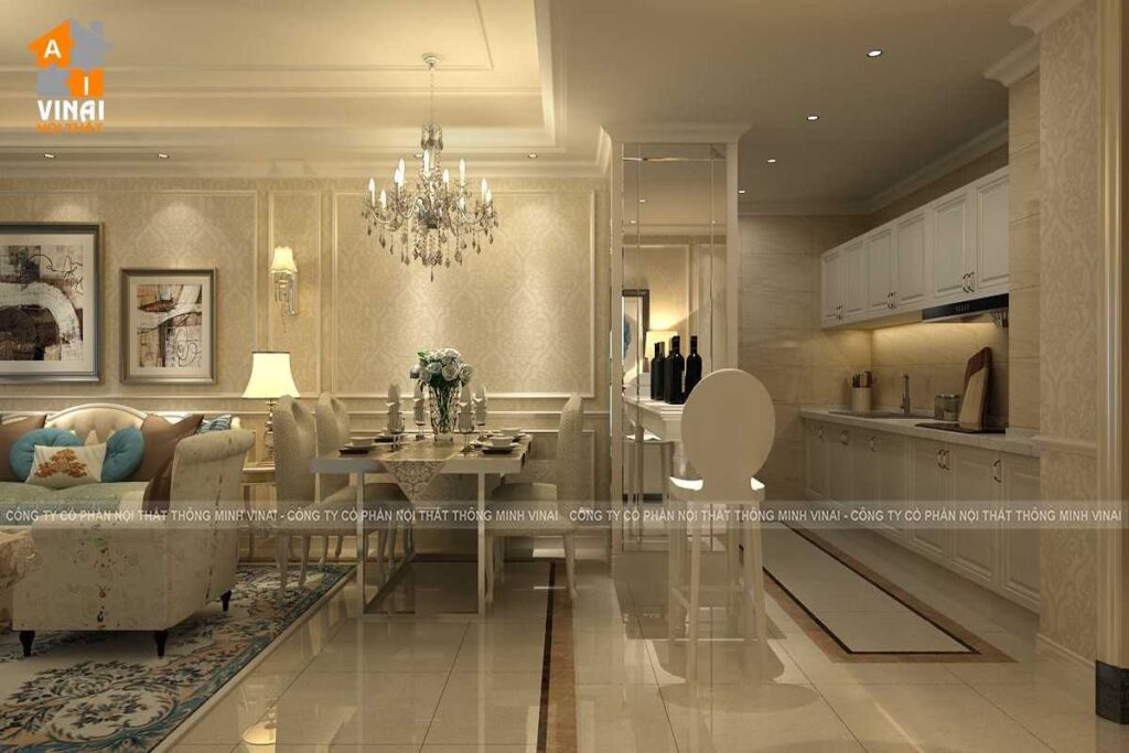 Nội thất tân cổ điển phòng khách bếp chung cư Việt Đức- Complex-39 Lê Văn Lương-2