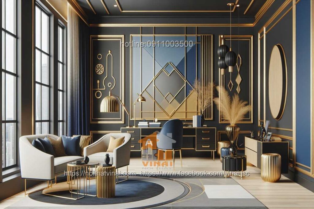 Nội thất văn phòng kết hopwj màu xám, màu vàng và màu xanh dương