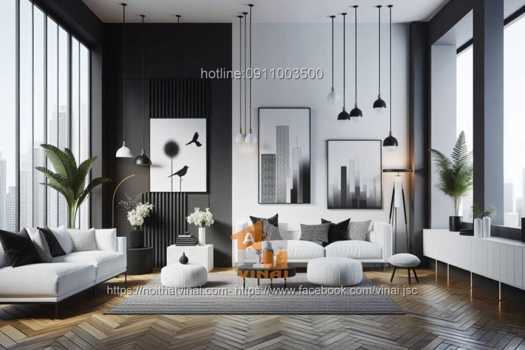 Thiết kế nội thất kết hợp gam màu giữa trắng và xám đen