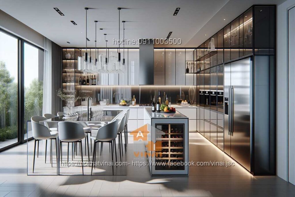 Phòng bếp không gian rộng và màu sắc hiện đại