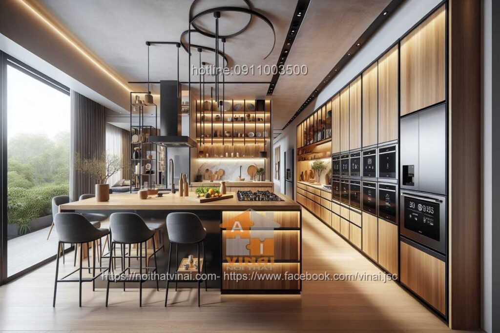 Phòng bếp lớn với phụ kiện tủ bếp hiện đại