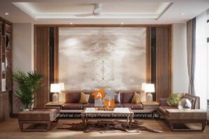 Phòng khách gỗ tự nhiên óc chó nhà ống 4x15m-1