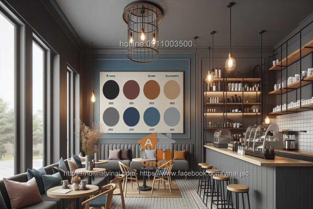 Quán cà phê kết hợp gam màu xám, màu nâu và màu xanh dương