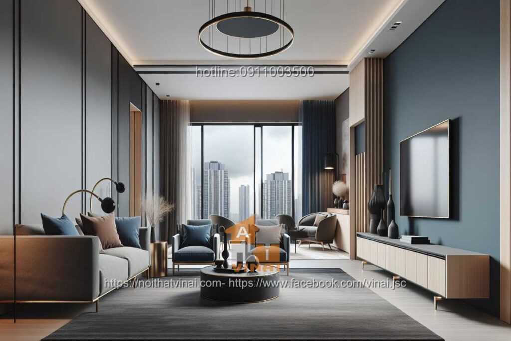 Thiết kế nội thất màu xám kết hợp màu xanh dương