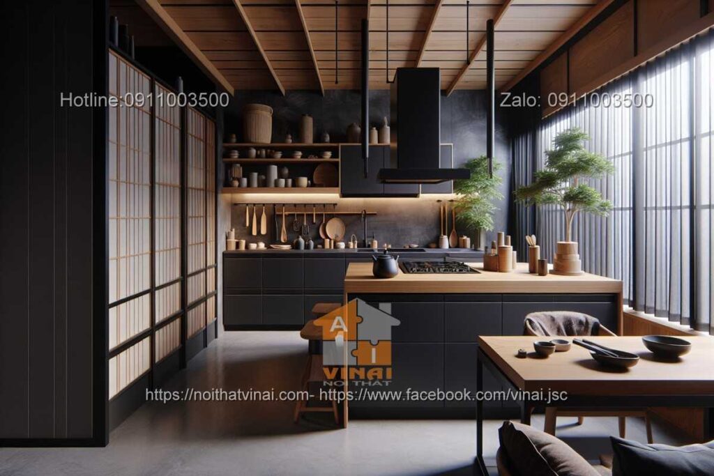 Thiết kế phòng bếp kiểu Nhật gam màu tối -1