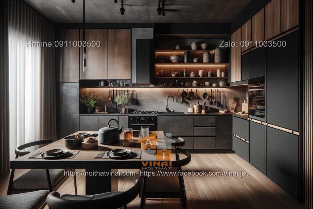 Thiết kế phòng bếp kiểu Nhật gam màu tối -2