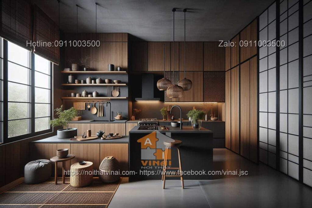 Thiết kế phòng bếp kiểu Nhật gam màu tối -7