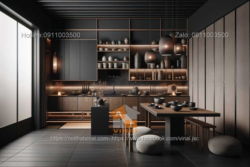 Thiết kế phòng bếp kiểu Nhật gam màu tối -9